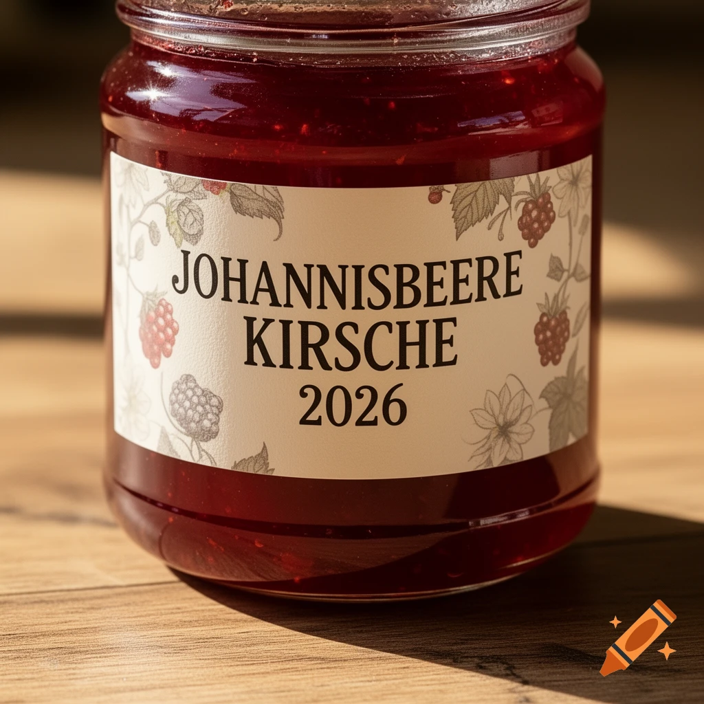 A close-up, photorealistic image of a glass jar filled with red berry jam, labeled 'JOHANNISBEERE KIRSCHE 2026', on a wooden table.