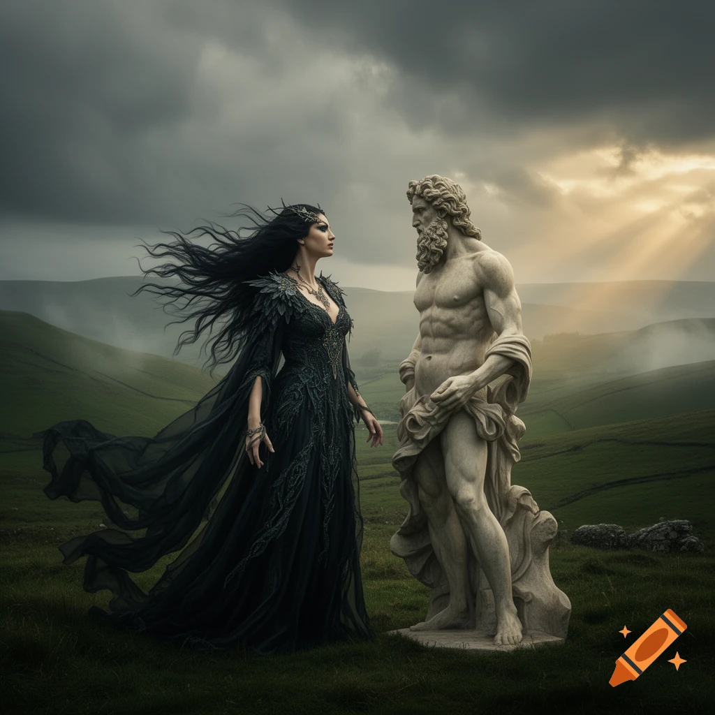 A woman in a flowing dark gown confronts a muscular stone statue in a dramatic, cloudy landscape with sunrays.
