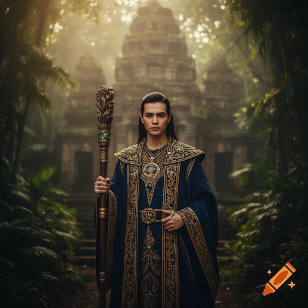 A man in ornate blue and gold fantasy robes holds a staff, standing in a misty jungle path before an ancient stone temple.