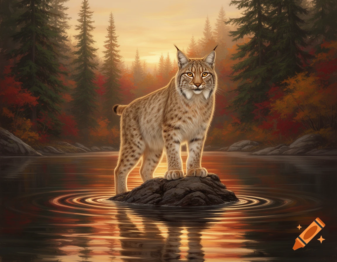 A lynx stands on a rock in a calm lake reflecting an autumn forest at sunset, in a painted style.