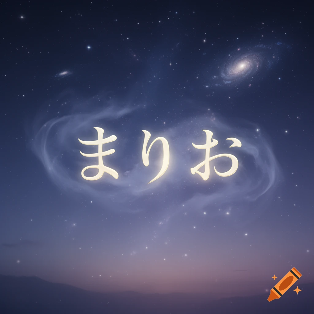 Glowing Japanese characters '\u307e\u308a\u304a' against a dark blue starry night sky with galaxies and distant mountains.