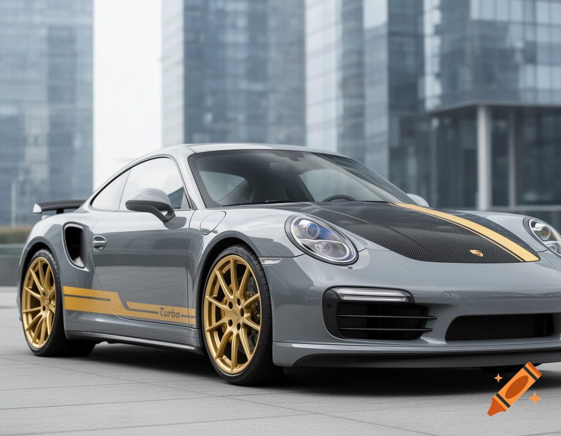 A grey Porsche Turbo with a carbon fiber hood, gold stripe, and gold wheels, parked in front of modern glass buildings.