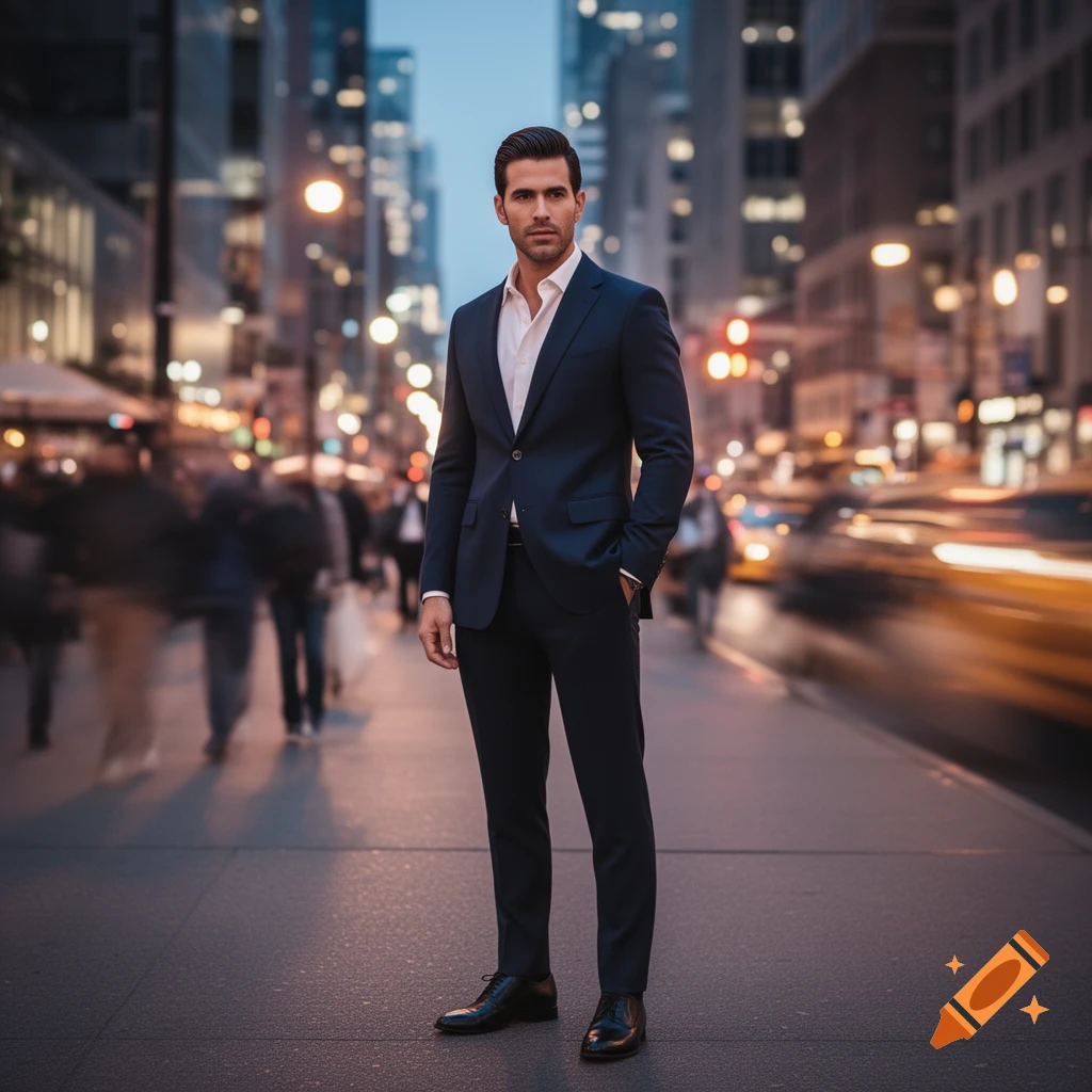 A man in a dark suit stands on a city street at night, with blurred city lights and traffic in the background.