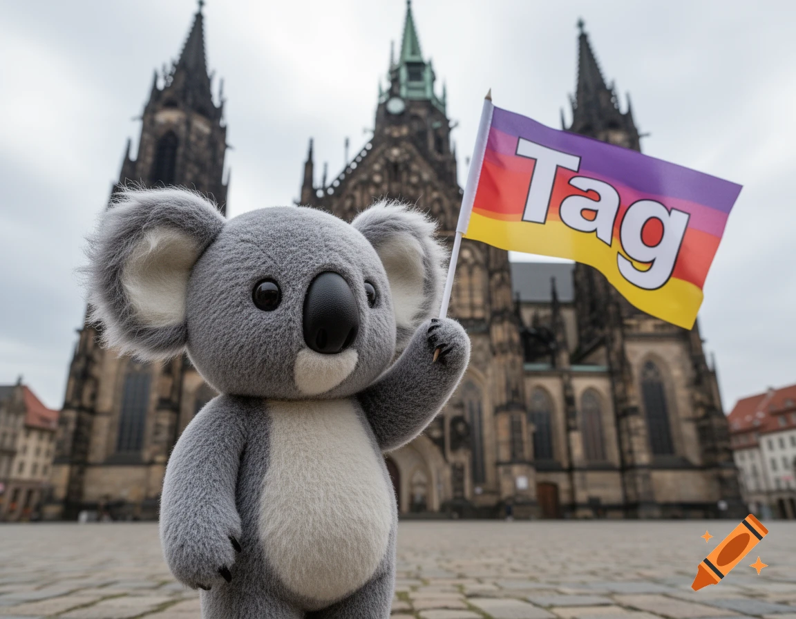A photorealistic plush koala holding a flag with the word "Tag" in front of a gothic cathedral under a cloudy sky.