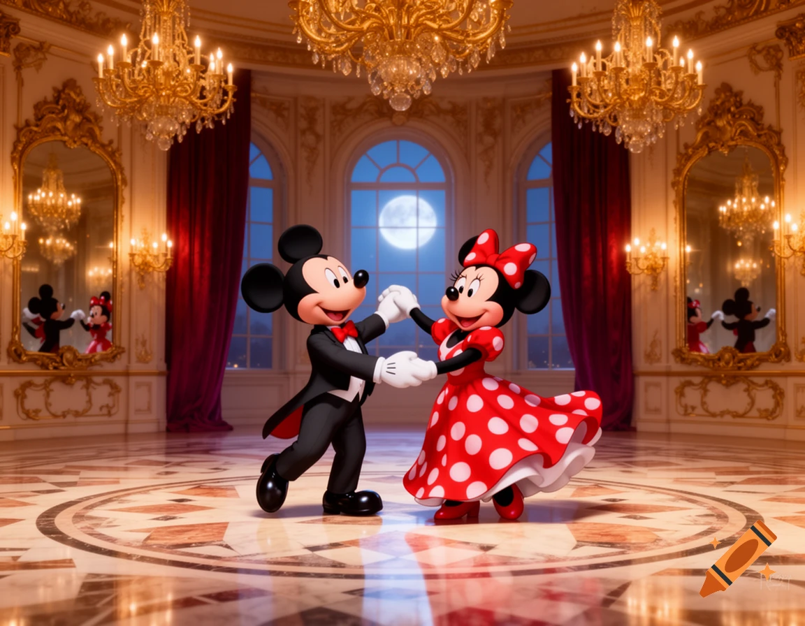Mickey and Minnie Mouse in formal attire dancing in a grand ballroom with chandeliers and a full moon outside.