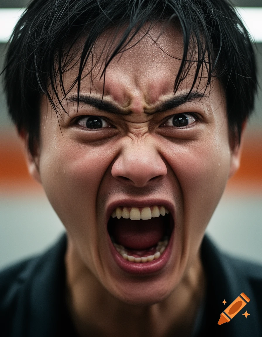 Close-up photorealistic portrait of a person screaming with intense emotion and sweat on their face.