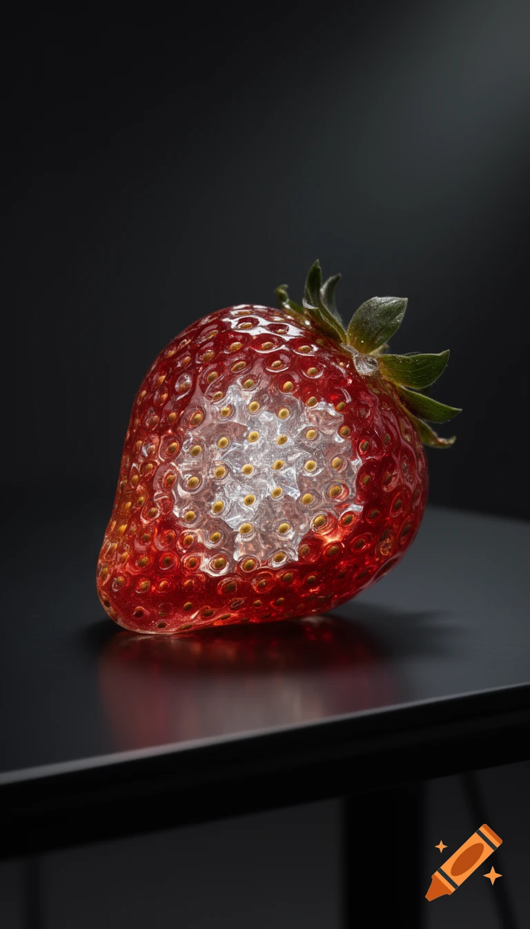 Hyper-realistic macro photo of a glossy, translucent glass strawberry with glowing internal seeds on a dark table, moody lighting.
