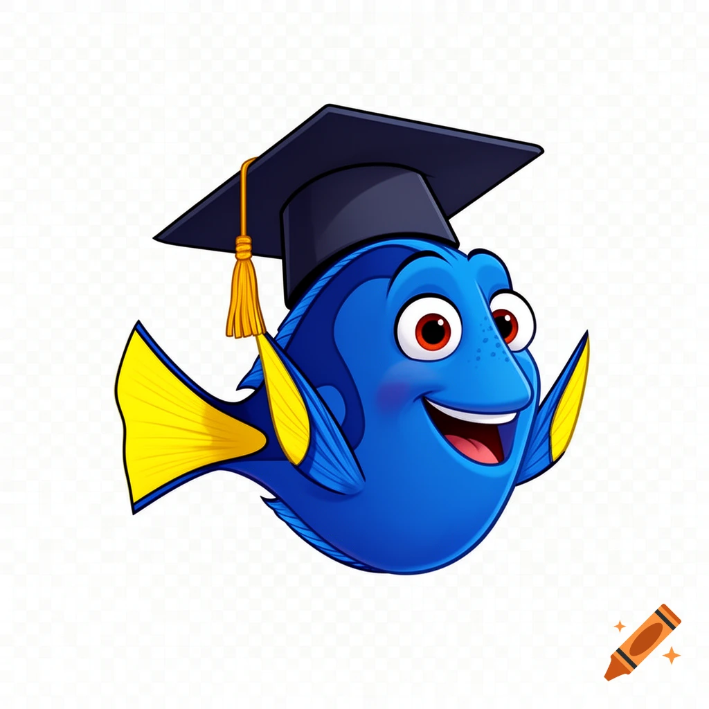 A cartoon blue fish resembling Dory wears a black graduation cap with a golden tassel and smiles on a transparent background.