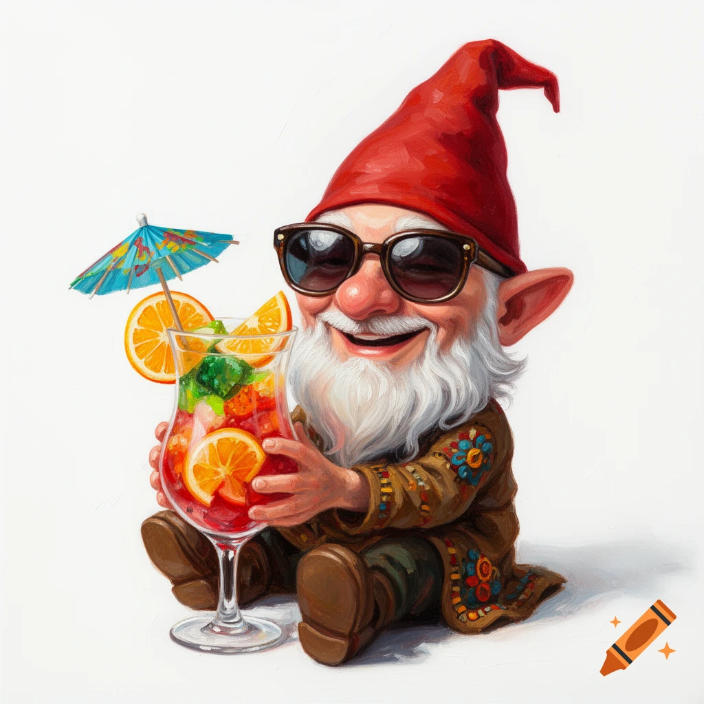 Smiling gnome in sunglasses holding a colorful cocktail with fruit and an umbrella, oil painting.