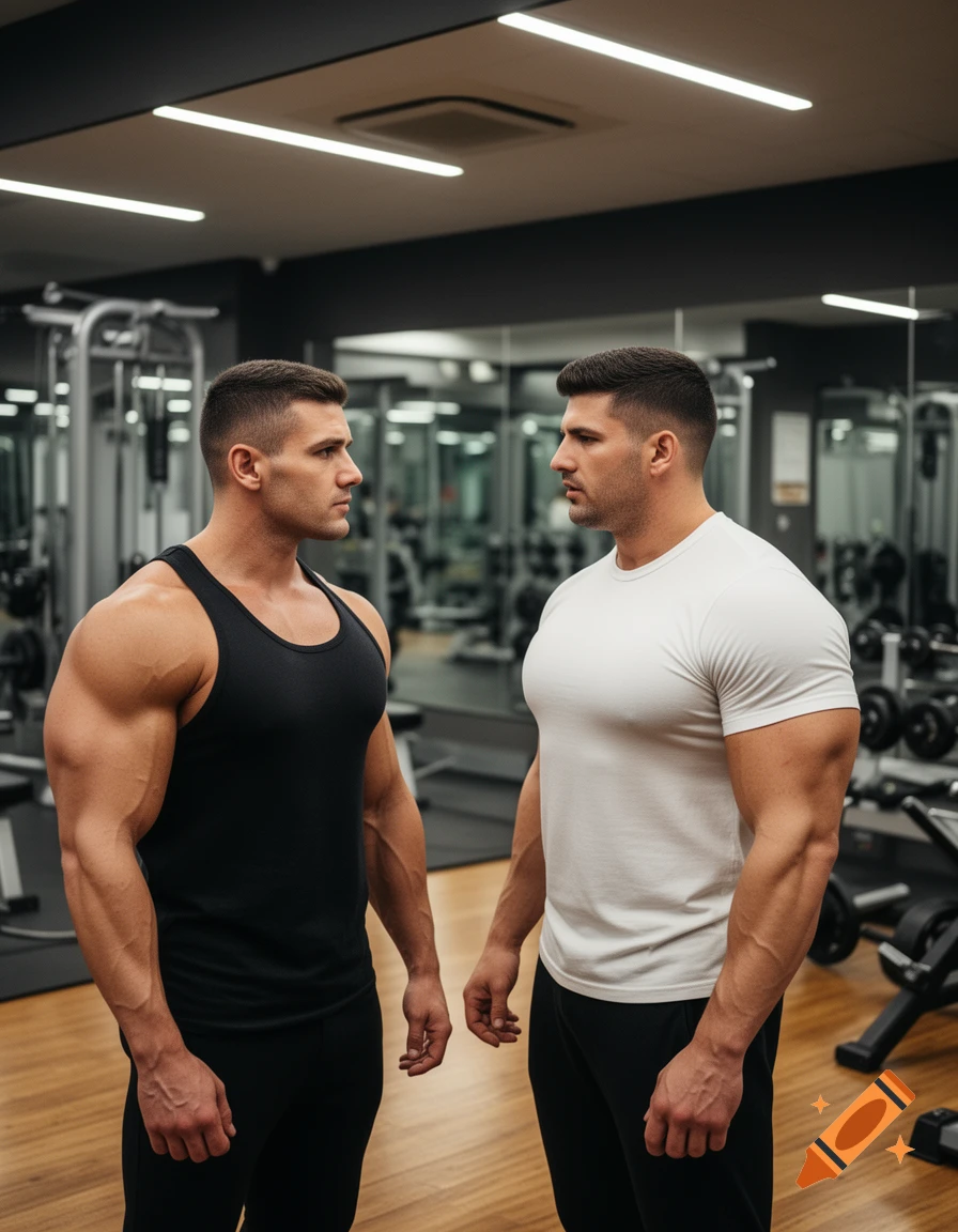 Two muscular men, one in a black tank top and one in a white t-shirt, stand facing each other in a gym.