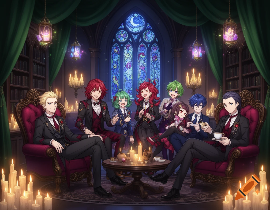 An anime-style group portrait of seven characters in a gothic lounge with stained-glass windows, lit by candles and magical lanterns.