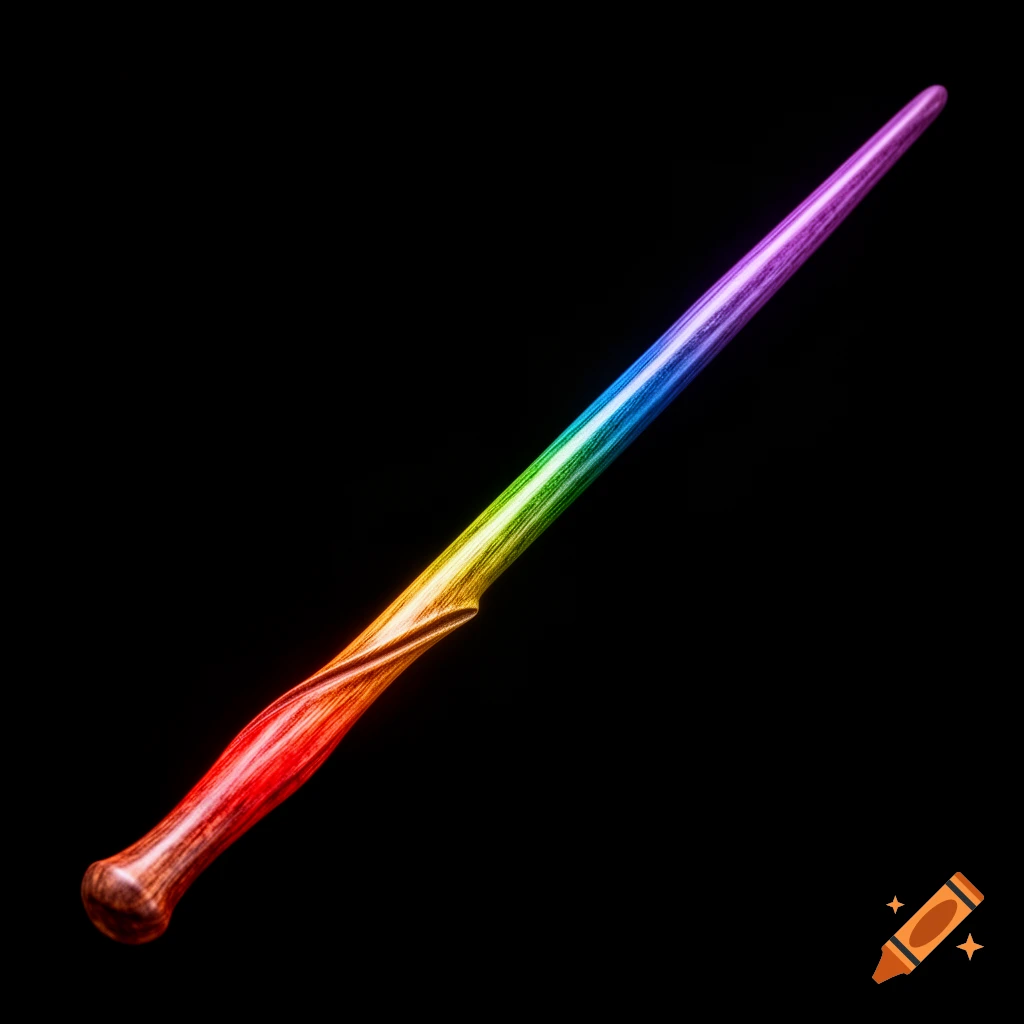 A slender wooden wand painted with rainbow colors, featuring a twisted handle, set against a solid black background.