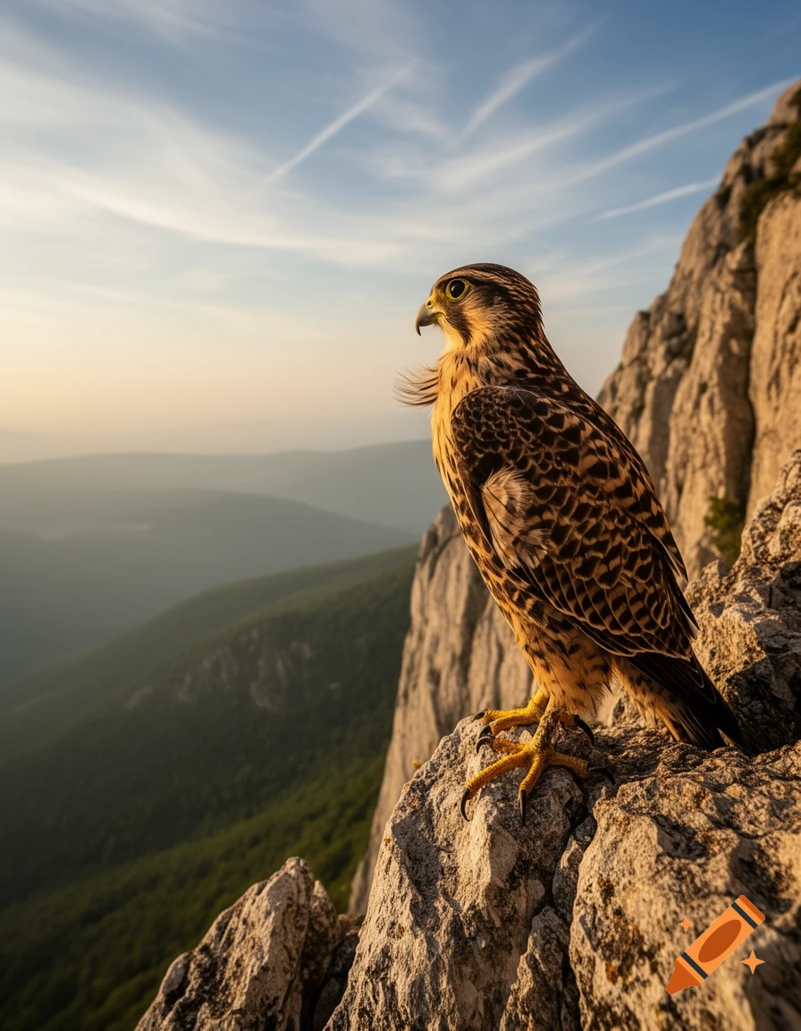 A majestic hawk perched on a rocky cliff overlooking a vast mountain range at sunset.