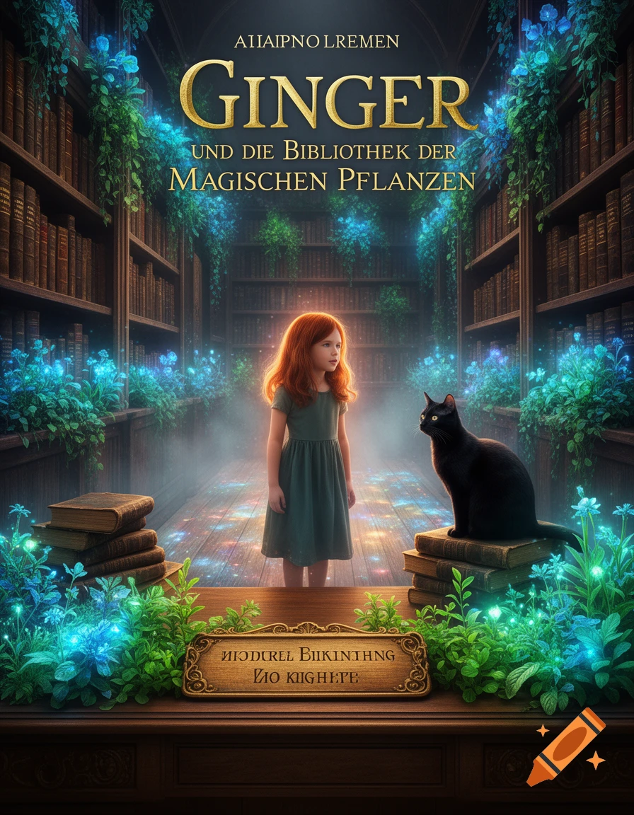 A book cover for "Ginger und die Bibliothek der Magischen Pflanzen" showing a red-haired girl and a black cat in a glowing magical library.