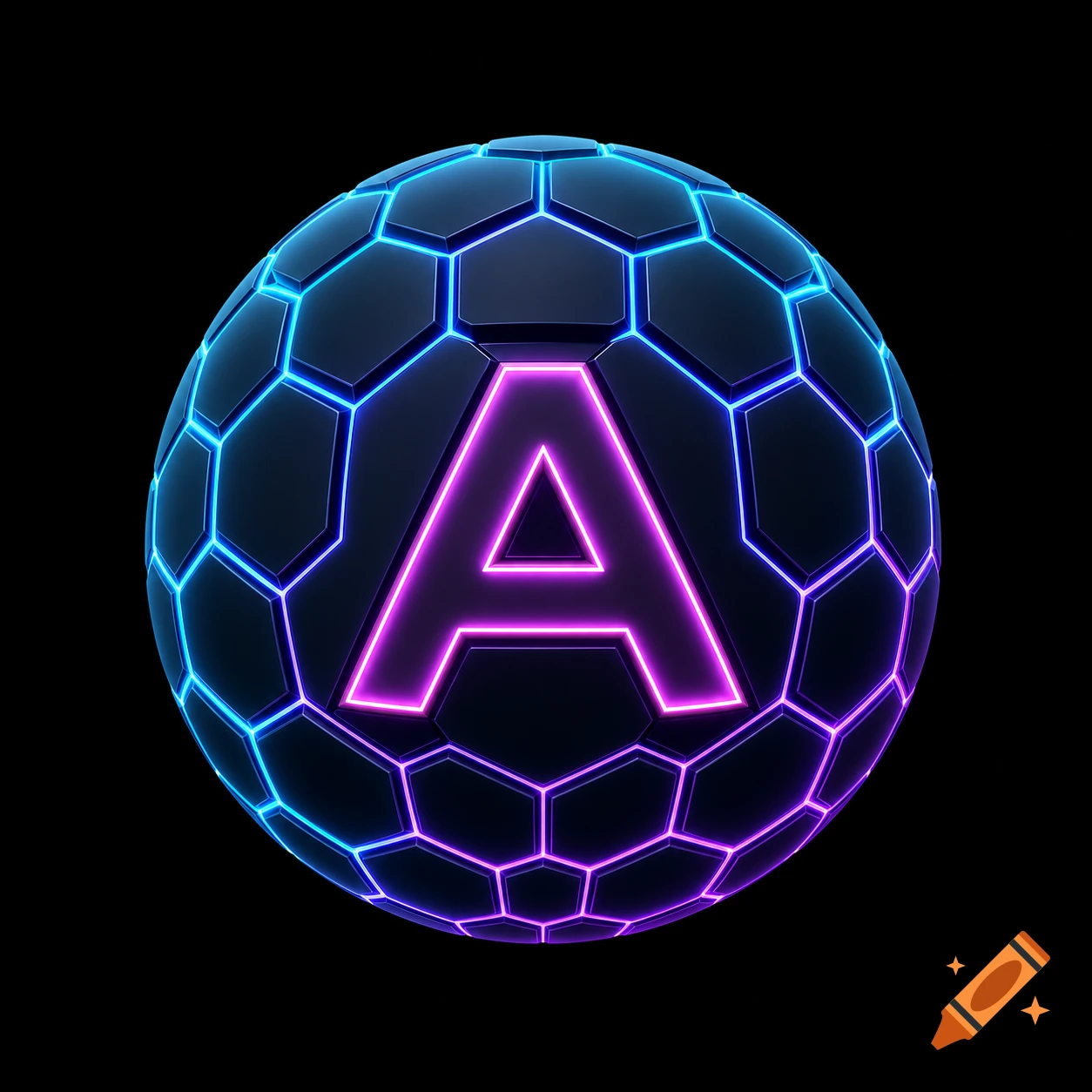 3D sphere made of glowing blue and purple hexagons with a neon pink letter A in the center on a black background.