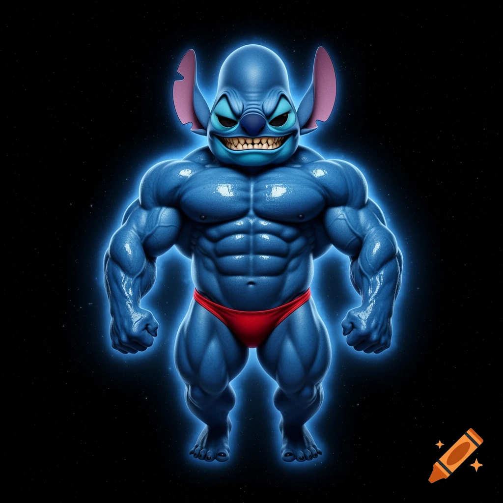 Hyper-realistic image of Stitch as a muscular bodybuilder in a red thong, glowing blue, floating in space.
