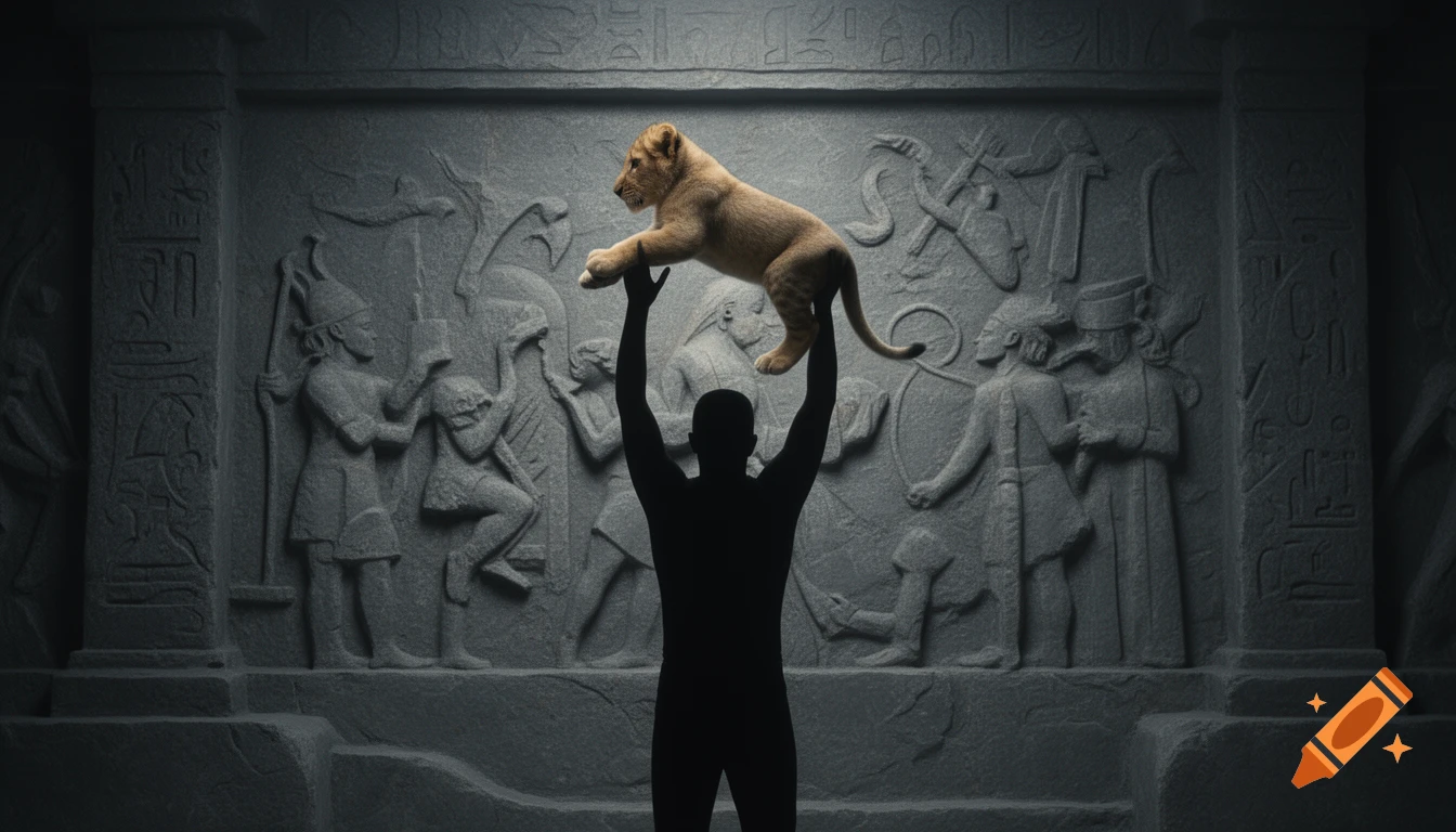 A person's silhouette holds a lion cub above their head against a background of ancient stone relief carvings.