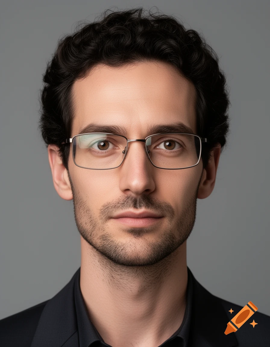 Photorealistic headshot of a man with dark curly hair, light stubble, and rectangular glasses, looking forward on a gray background.