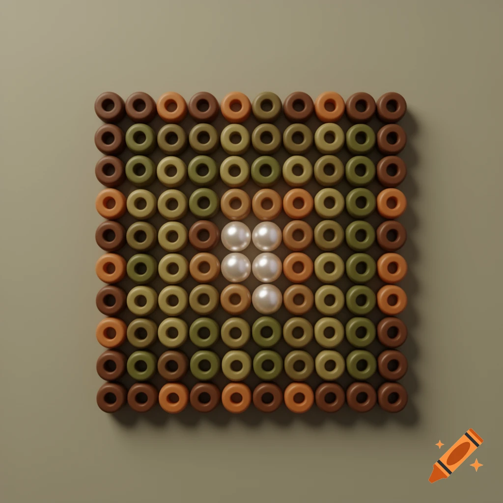 A top-down view of an 8x8 grid of brown, orange, and olive green ring-shaped beads with four white pearls forming a central square.