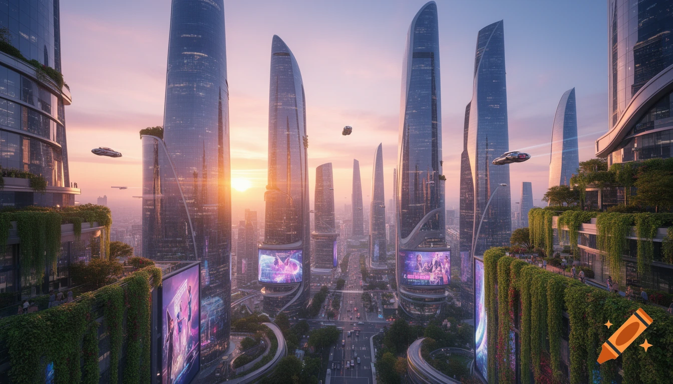 A panoramic view of a futuristic cityscape with towering skyscrapers, lush green terraces, flying vehicles, and large illuminated screens at sunrise.