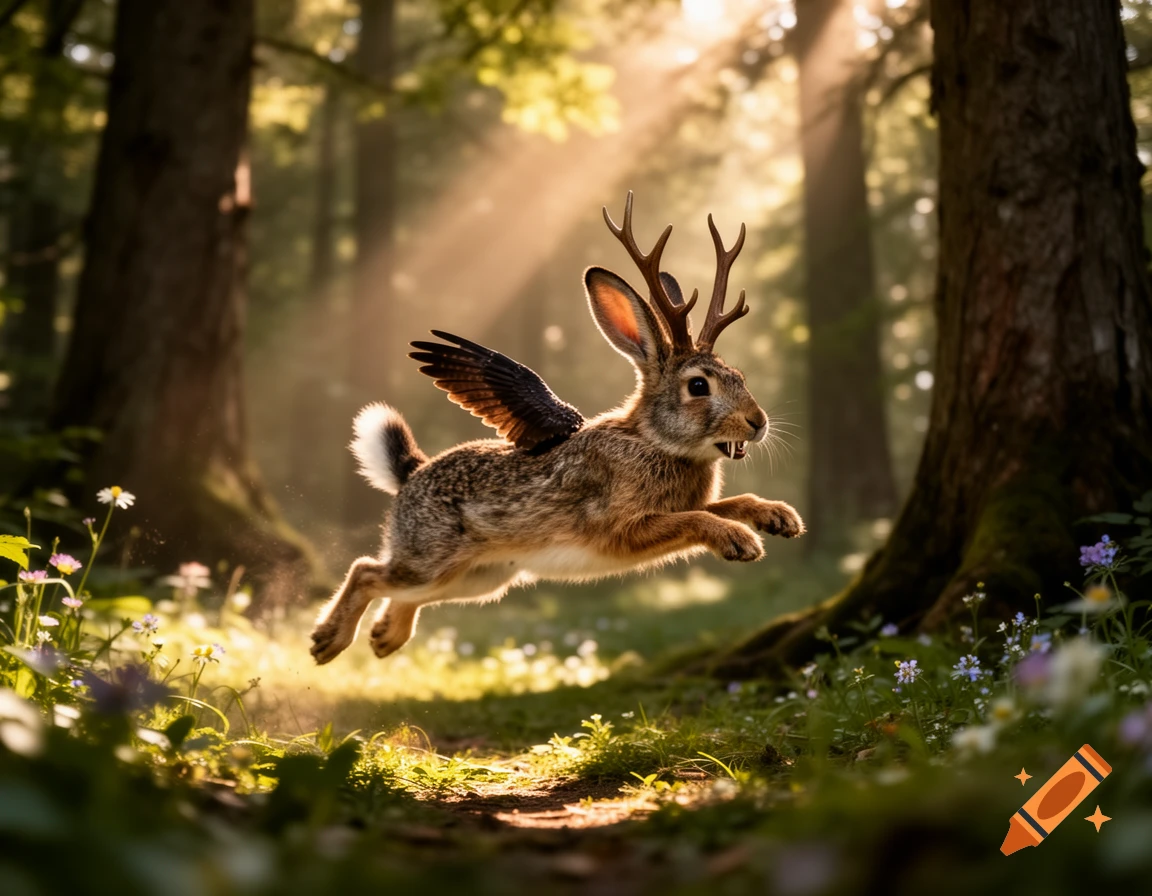 A photorealistic Wolpertinger, a rabbit-like creature with antlers and wings, leaps through a sun-dappled forest.