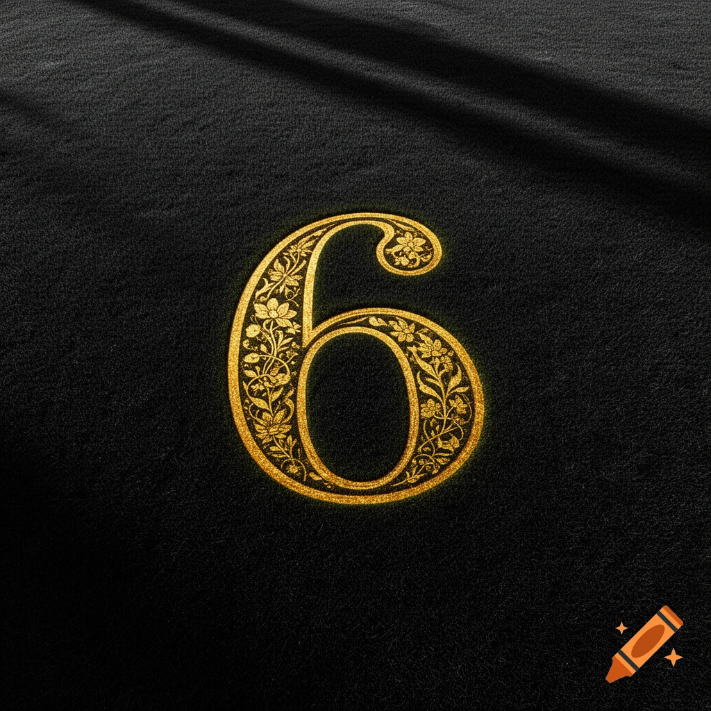An ornate golden number 6 with intricate floral patterns on a dark, textured background.