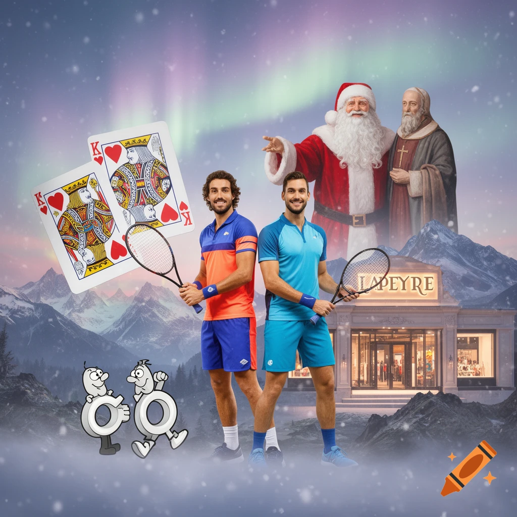 Two male tennis players, Santa Claus, and an old man stand in a snowy mountain landscape with aurora borealis. Playing cards, two cartoon male symbols, and a building labeled "LAPEYRE" are also present.