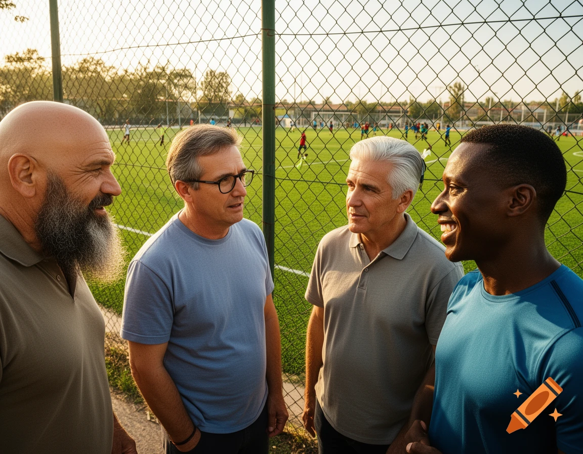 Four men of various ages and ethnicities talk beside a chain-link fence overlooking a sunny soccer field with players.