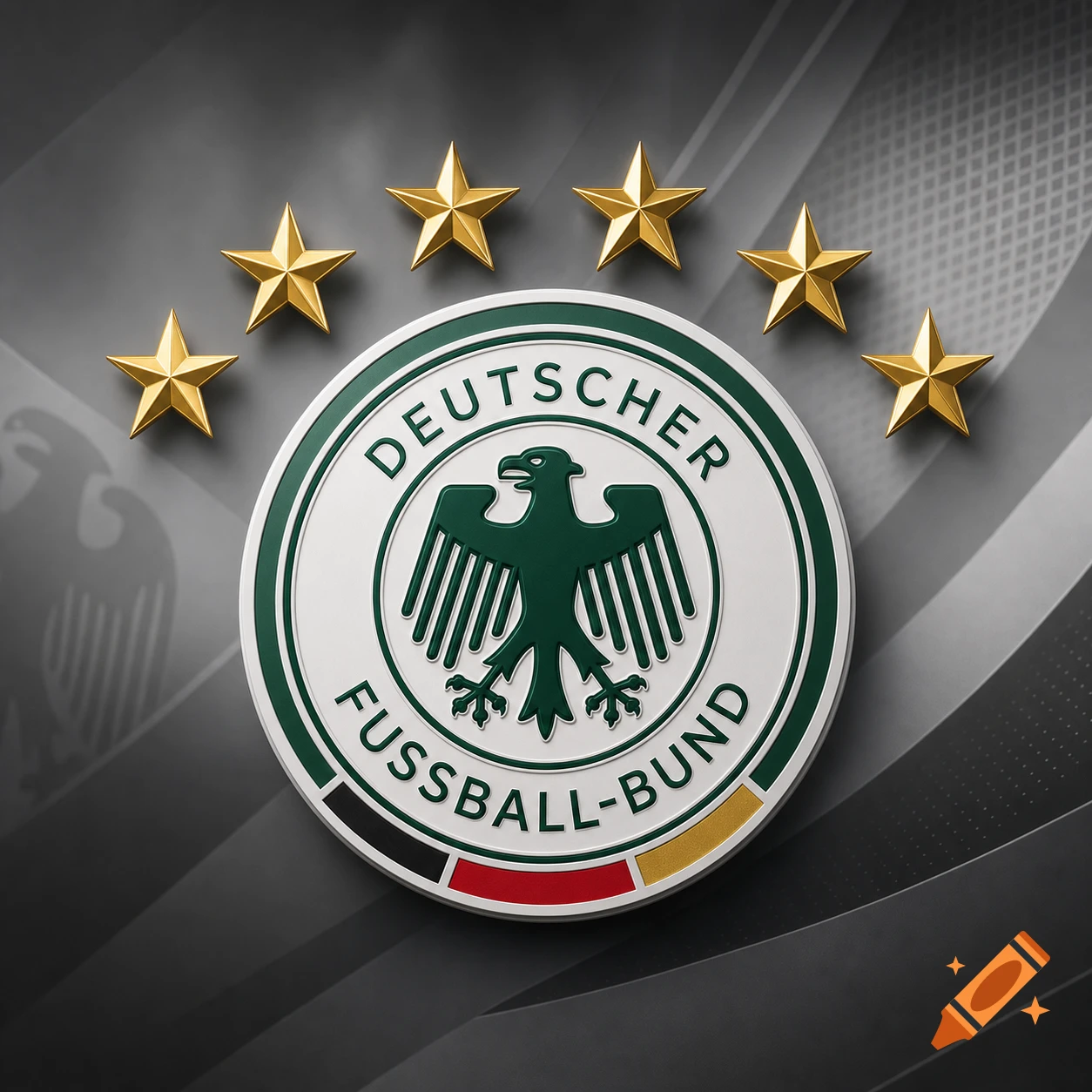 A 3D render of the German Football Association (DFB) logo, a circular emblem with an eagle and text, surrounded by six gold stars on a grey background.