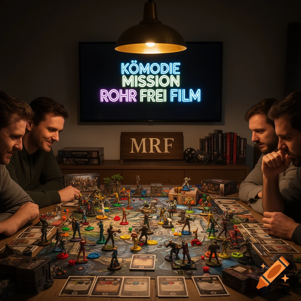 Four men gathered around a table, intently playing a fantasy-themed board game with numerous miniatures in a dimly lit room with a glowing TV screen.