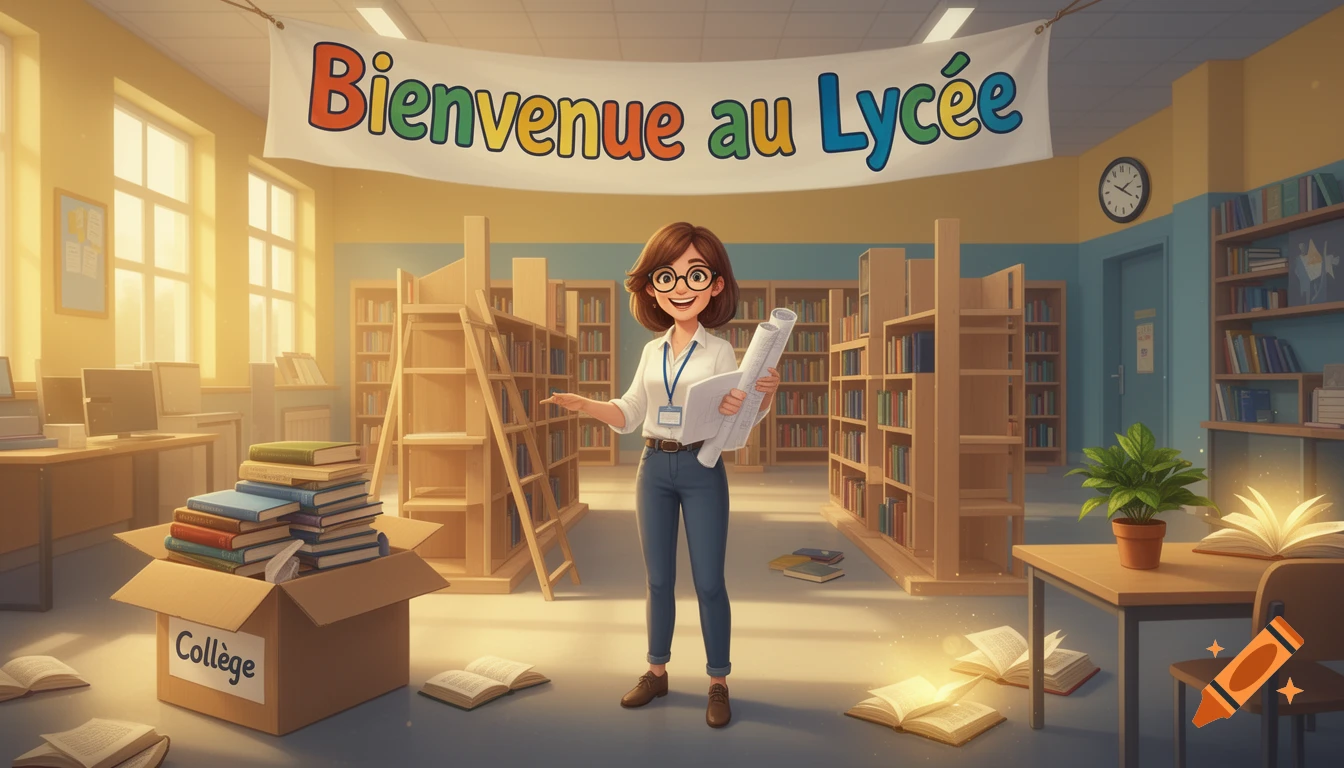 A cheerful cartoon librarian in glasses stands in a vibrant school library under a banner reading "Bienvenue au Lycée." Books are packed in a box labeled "Collège" near glowing open books.