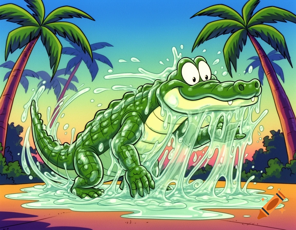A cartoon alligator, rendered in a 90's Disney style, covered in clear, stretchy slime with palm trees in the background.