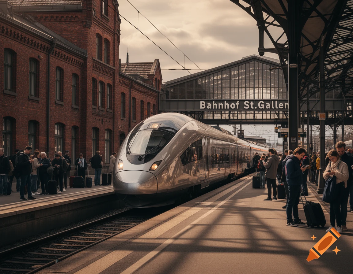 A modern silver train stands at a station platform. Commuters wait while a sign reads "Bahnhof St. Gallen".