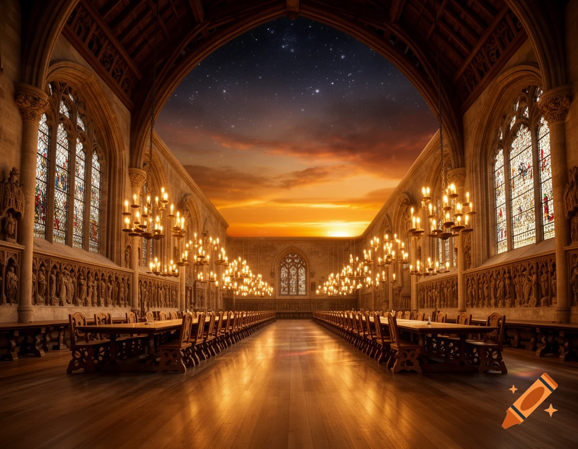 A grand, photorealistic gothic hall with long dining tables, chandeliers, stained-glass windows, and carved walls, open to a sunset and starry night sky.