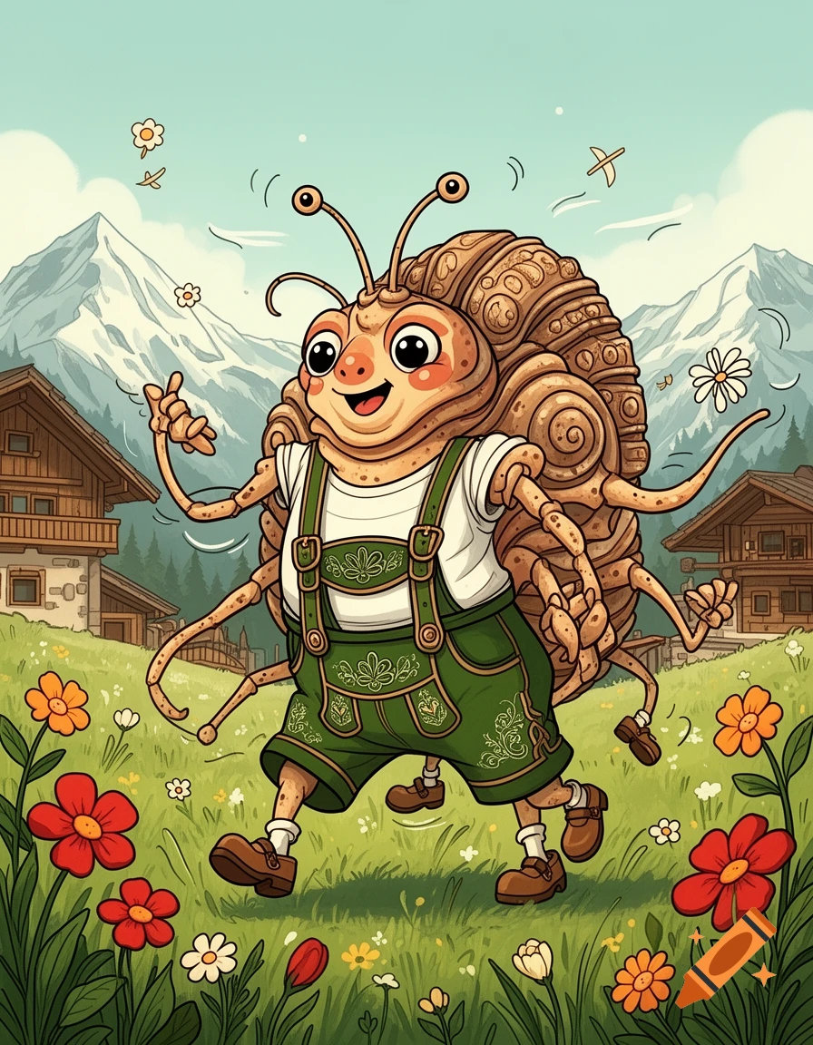 A cute, cartoony arthropod-mollusk hybrid creature in a green Lederhosen walks through a flowery meadow with mountains and houses in the background.
