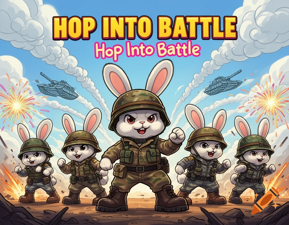 Five cute cartoon rabbits in military gear pose on a battlefield with tanks and fireworks, like a video game cover.