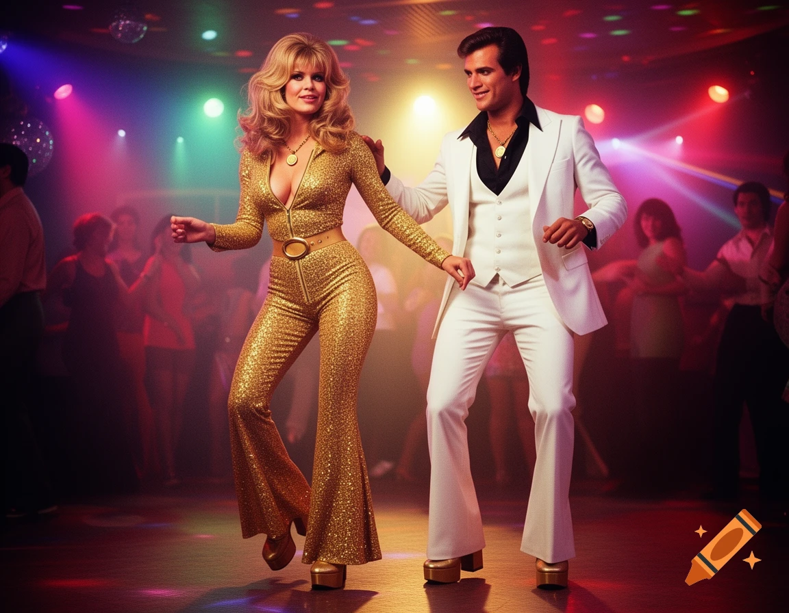 A woman in a gold sequin jumpsuit and a man in a white leisure suit dance at a 70s disco club with colorful lights.