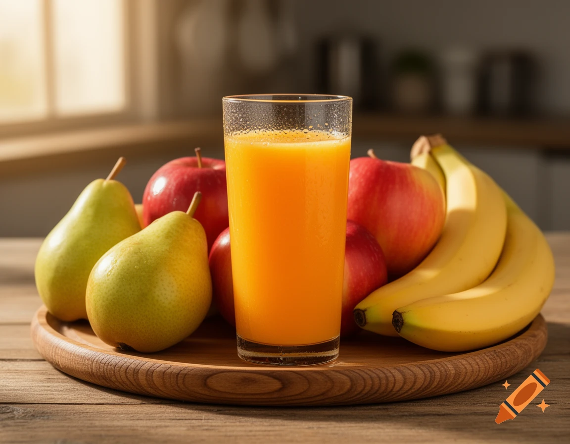 A glass of orange juice surrounded by fresh green pears, red apples, and ripe bananas on a wooden platter.