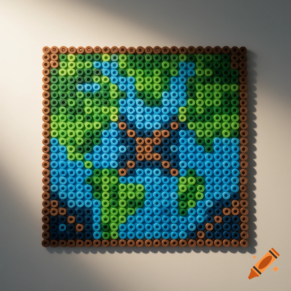 A pixelated map of Earth made from green, blue, and brown perler beads, mounted on a light wall.