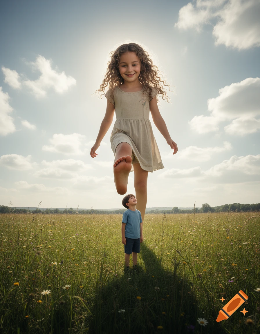 A giant smiling girl with curly hair lifts her bare foot over a small boy in a sunny field.