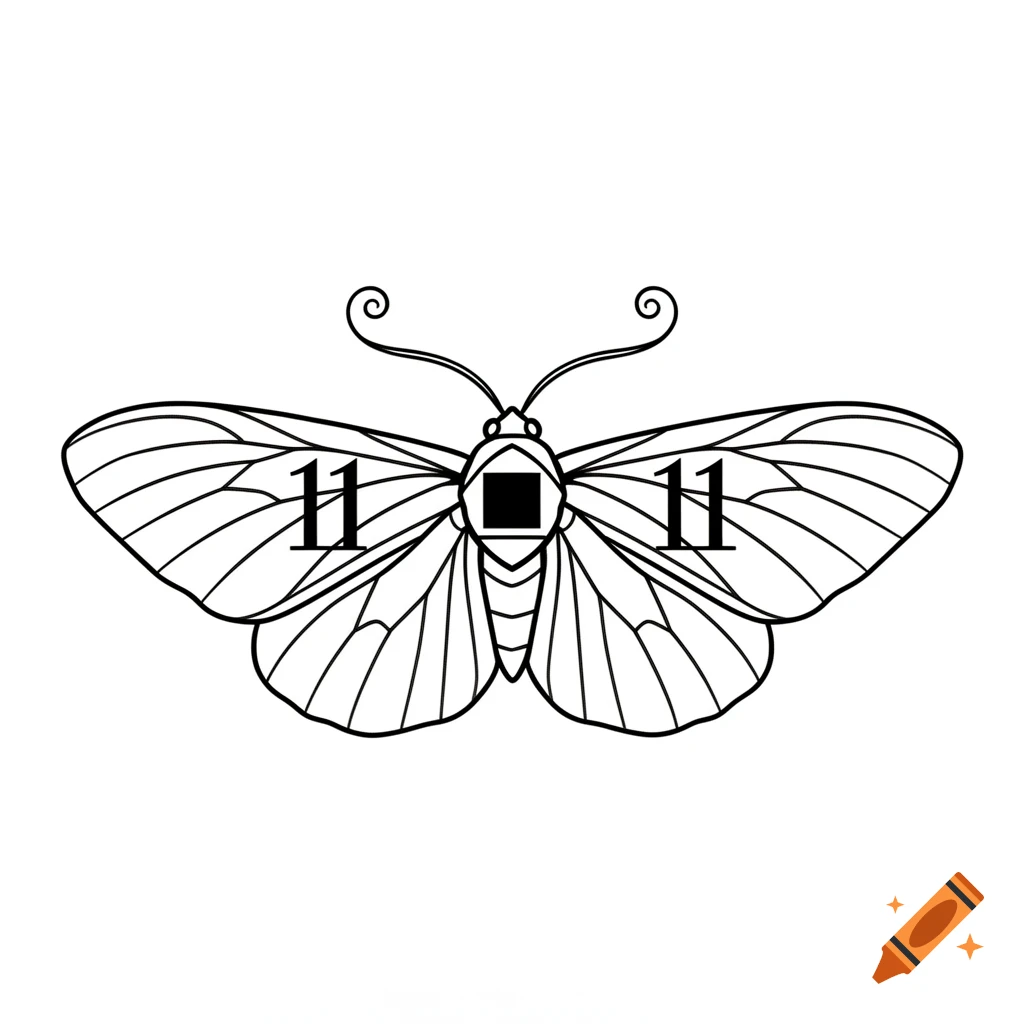 Symmetrical moth fine-line tattoo stencil with number 11 in wings, geometric square body, and curling antennae on a white background.