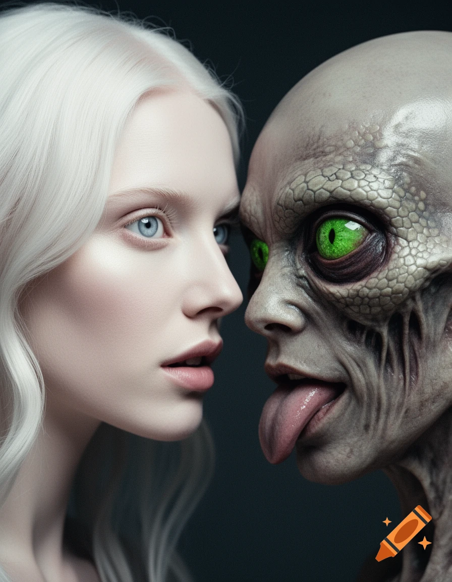 Close-up of an albino woman with white hair and blue eyes facing a grotesque grey creature with reptilian green eyes and an extended long tongue.