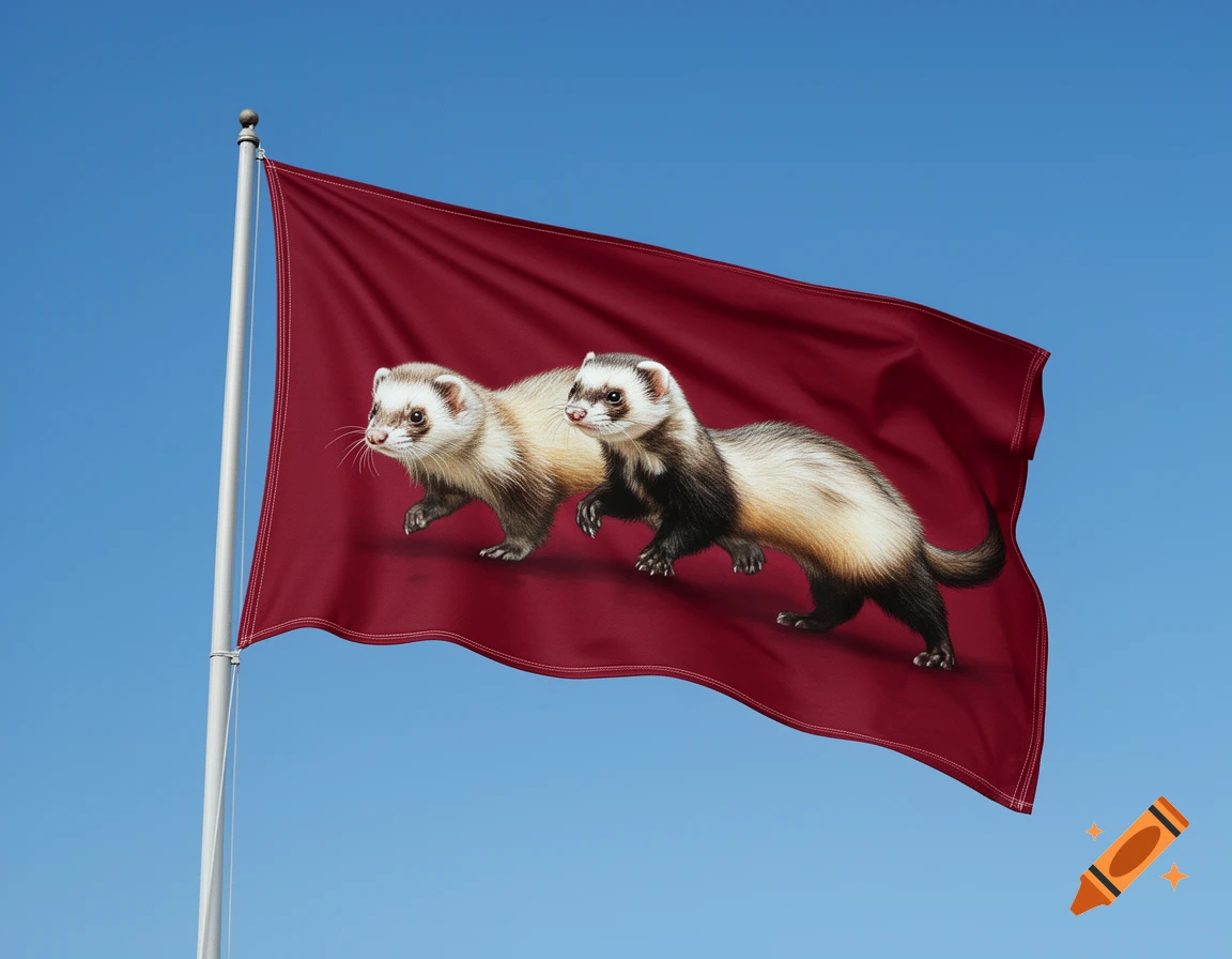 Two ferrets with white and dark fur are depicted on a maroon flag, waving against a clear blue sky.