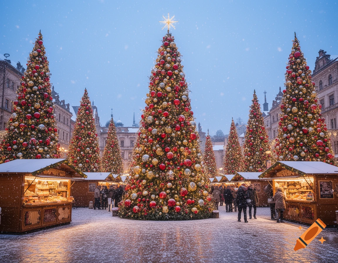 Snowy outdoor Christmas market at dusk with numerous towering, decorated Christmas trees, wooden stalls, and people walking amidst historic buildings.