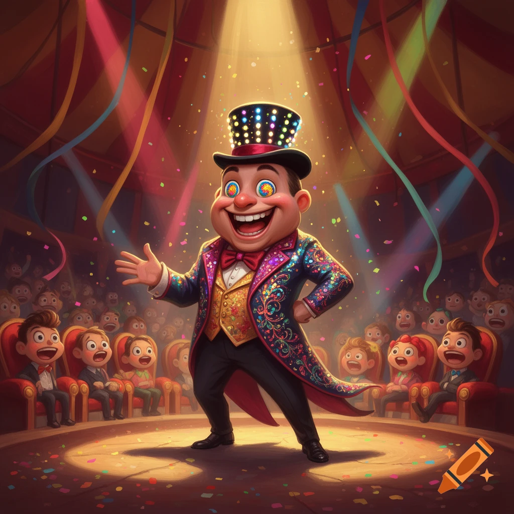 A flamboyant cartoon ringmaster with glowing eyes and a sequined top hat performs in a spotlight for a crowd of children.