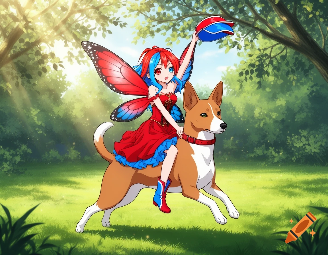 An anime fairy with red and blue hair and wings rides a brown and white dog through a sunlit forest, holding a visor hat.