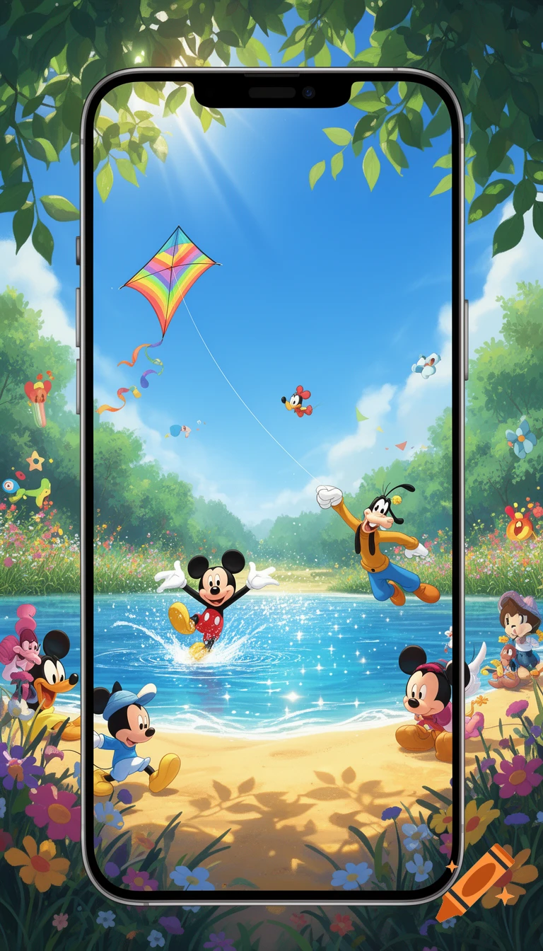 Vibrant cartoon illustration of Mickey Mouse, Minnie Mouse, and Goofy playing by a sunny lake with kites flying in the sky.