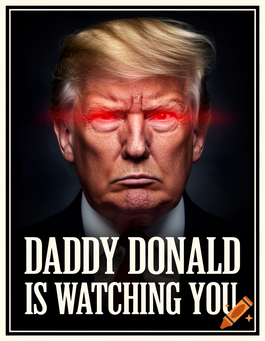 A poster featuring a stern Donald Trump with glowing red eyes, below which reads 'DADDY DONALD IS WATCHING YOU' in bold white text.