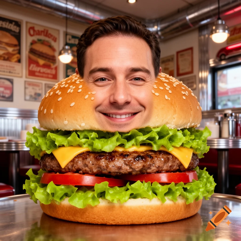 A man's smiling face replaces the top bun of a cheeseburger, set in a retro diner.