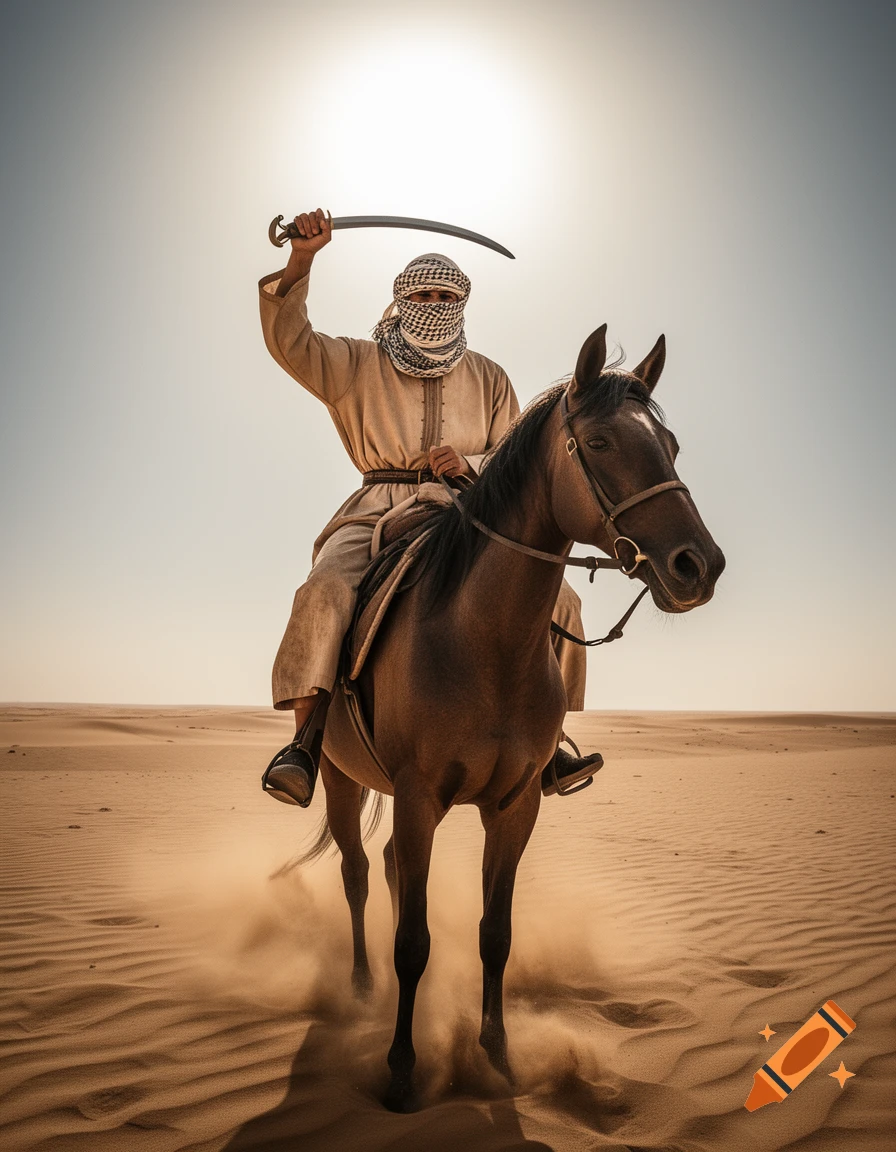A bedouin warrior on an Arabian horse in the Sahara desert, holding a scimitar overhead, in a historical photograph style.